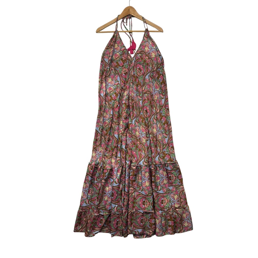 Double Decker Floral Halter Maxi Dress Open Back Boho Tassel Tiered One Size NWT
